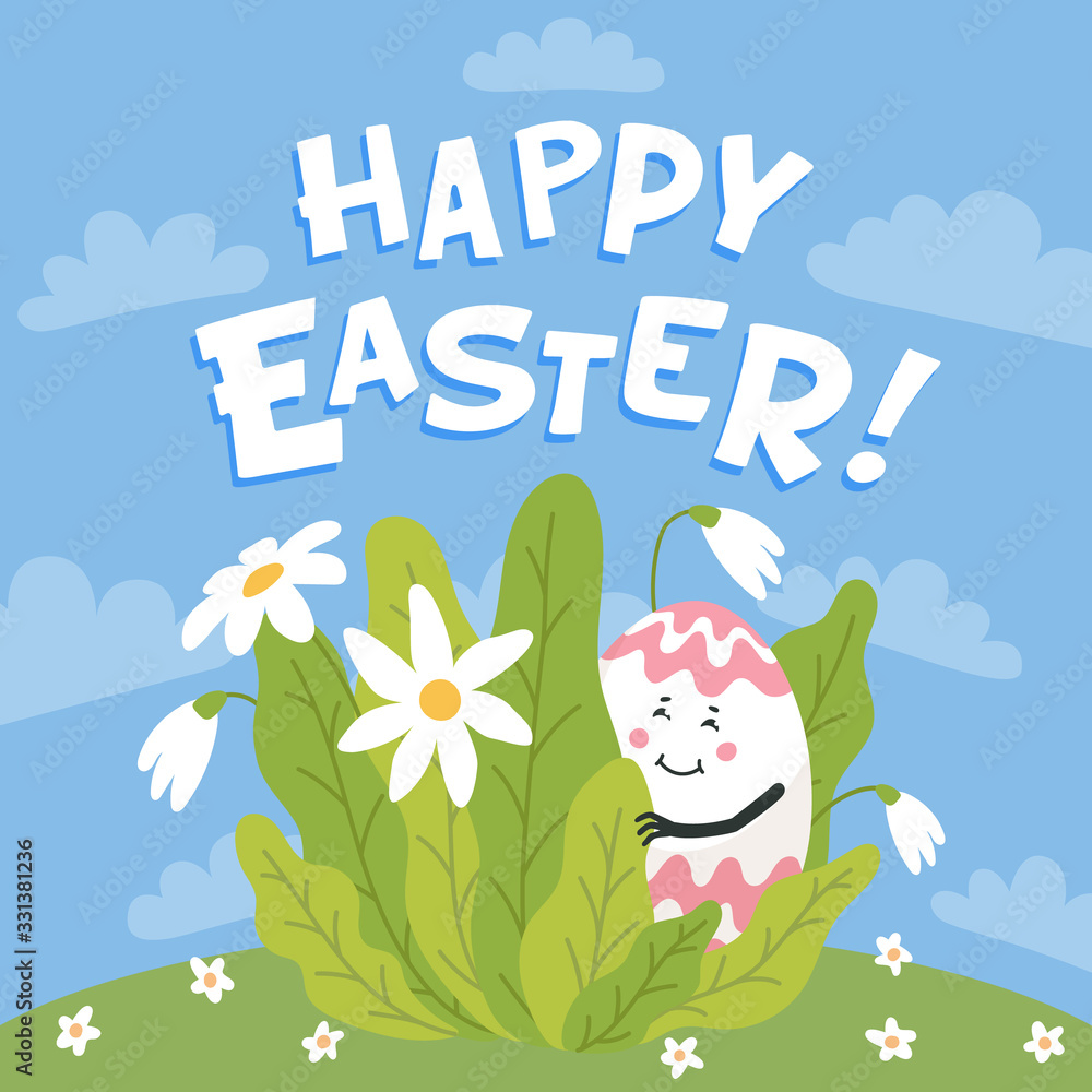 Happy easter greeting card. Colored egg with cute face hiding on a green lawn. Easter egg with funny face. Egg hunt. Flat style vector illustration. Happy easter greeting card. Colored egg with cute face hiding on a green lawn. Easter egg with funny face. Egg hunt. Flat style vector illustration.