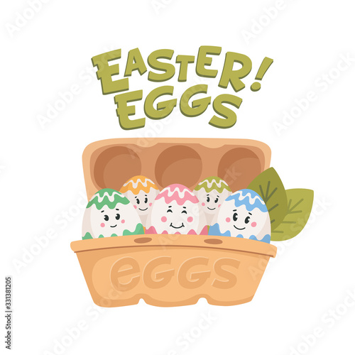 Easter eggs. Colored eggs with cute faces in carton box. Easter eggs friends ...