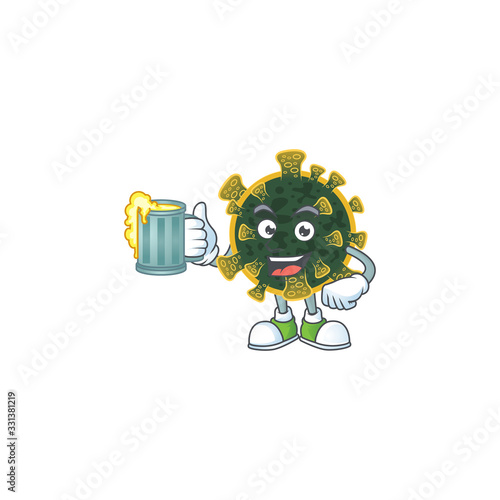 A cartoon concept of new coronavirus with a glass of beer