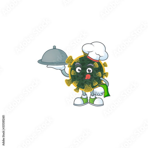 chef cartoon character of new coronavirus with food on tray