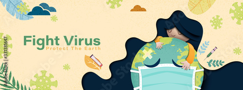 Protect the world from coronavirus pandemic and Covid-19 quarantine concept banner background template.Vector illustration. 