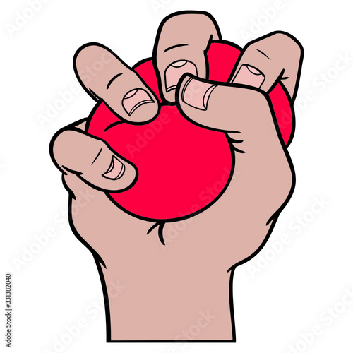 hand with red stress ball that squeezes hard. work, burnout, stress, isolated, vector.