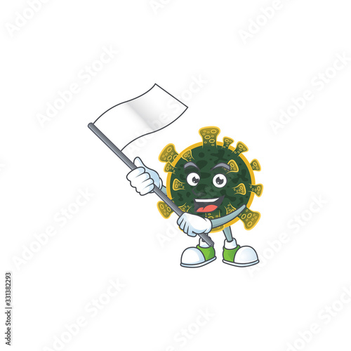 A patriotic new coronavirus mascot character design holding standing flag