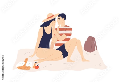 Smiling couple in swimsuit sit on plaid have romance date outdoors vector flat illustration. Happy cartoon man and woman kissing, hugging feeling love isolated on white. Romantic summer picnic