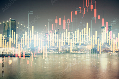 Financial chart on city scape with tall buildings background multi exposure. Analysis concept.