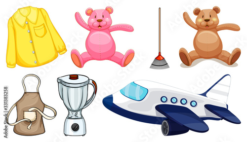 Large set of many toys on white background