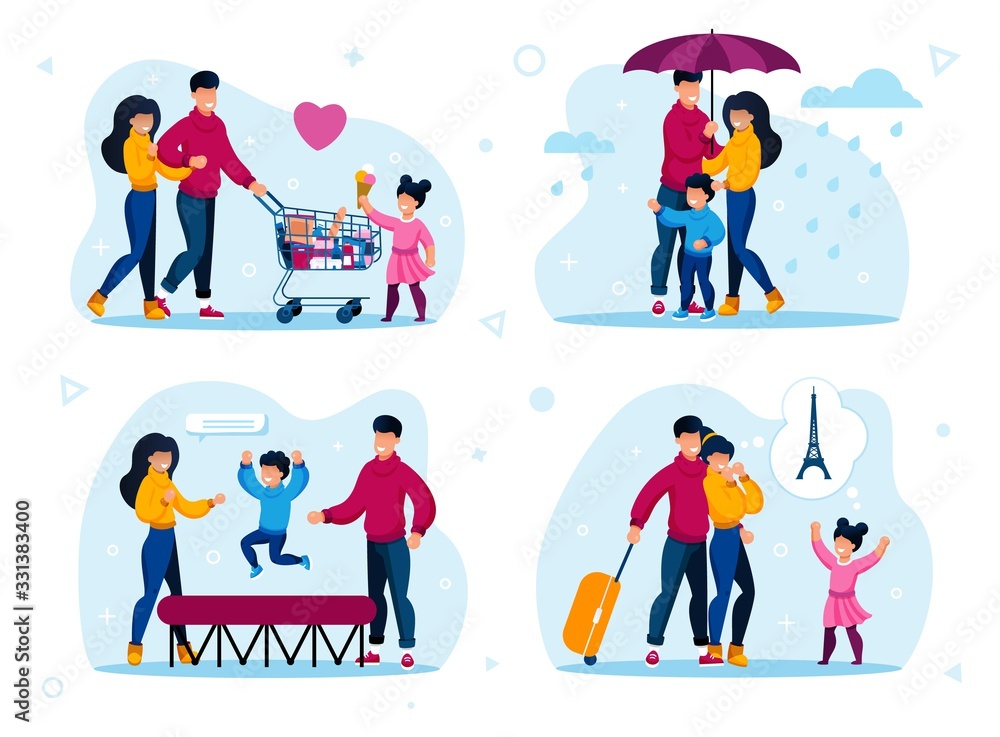 Naklejka premium Family Active Life and Leisure Trendy Flat Vector Concepts Set. Parents with Children Buying Groceries in Store, Walking in Rain, Jumping on Trampoline, Traveling in Foreign Country Illustrations