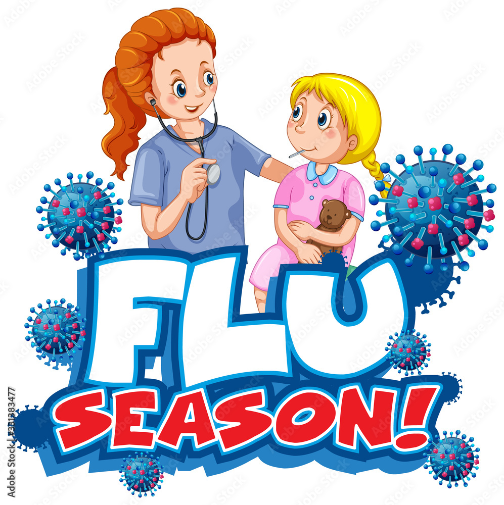 Font design for word flu season with doctor and little girl Font design for word flu season with doctor and little girl