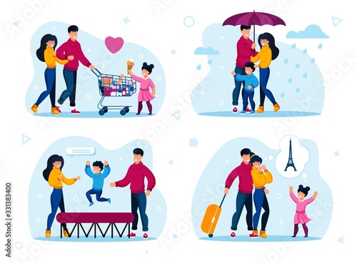 Family Active Life and Leisure Trendy Flat Vector Concepts Set. Parents with Children Buying Groceries in Store, Walking in Rain, Jumping on Trampoline, Traveling in Foreign Country Illustrations
