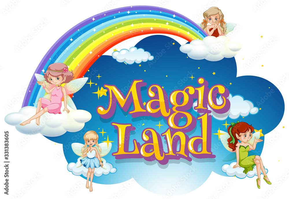 Font design for word magic land with fairies flying in the sky Font design for word magic land with fairies flying in the sky