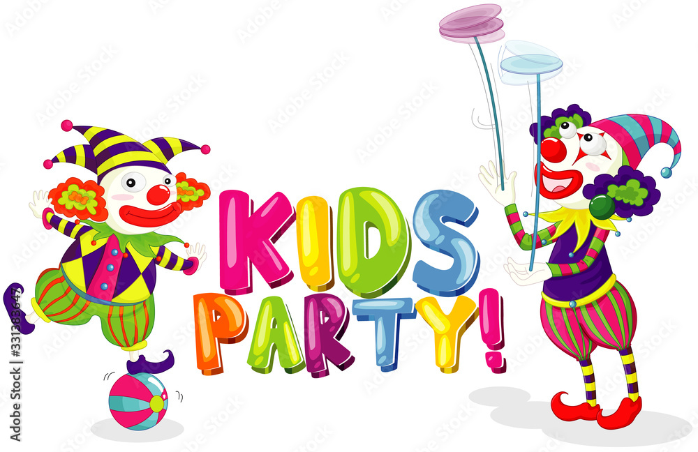 Naklejka premium Font design for word kids party with two clowns on white background