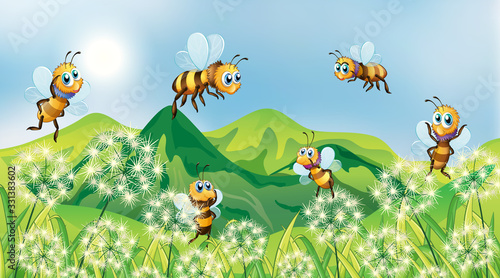 Nature scene background with bees flying in garden