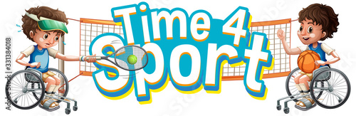 Font design for word time for sport with two boys in wheelchair playing sports