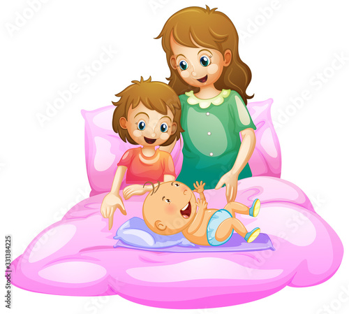 Scene with mother and kids in bed