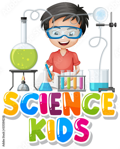 Font design for word science kids with boy in science lab