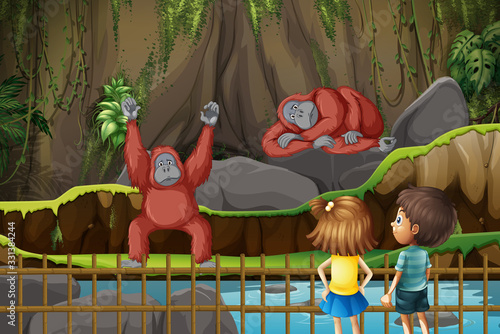 Scene with kids and chimpanzees in the zoo