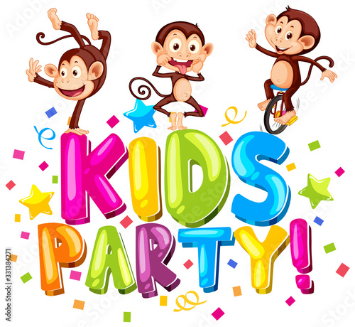 Font design for word kids party with cute monkeys