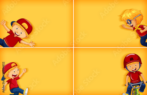 Four background template designs with happy boy doing different activities