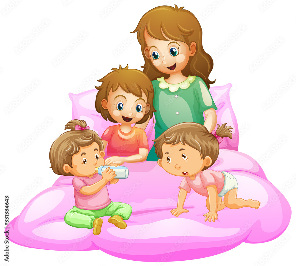 Scene with mother and kids getting ready for bed Scene with mother and kids getting ready for bed