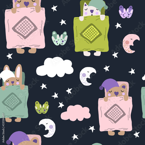 Hand drawn vector cute cartoon pastel color illustration sleeping animals, slippers, cloud and stars for baby textile, t-shirt , linen, apparel, wallpaper texture