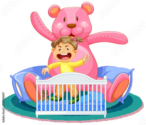 Scene with little girl in crib with giant teddy bear