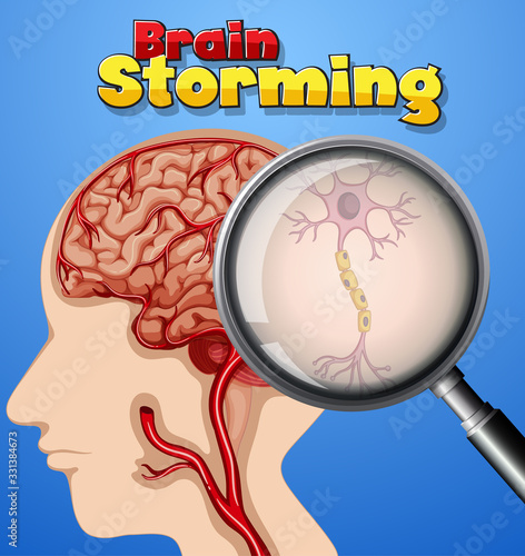 Font design for word brain storming with human brain in background