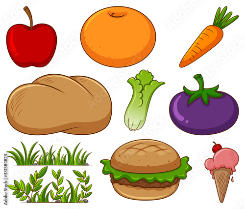 Large set of different food and other items on white background