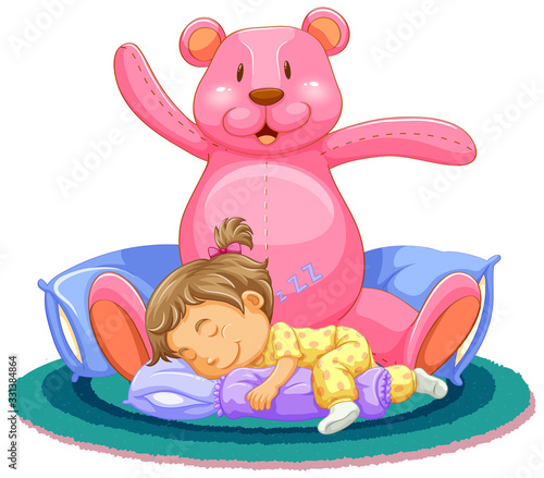 Scene with little girl sleeping with pink teddy bear