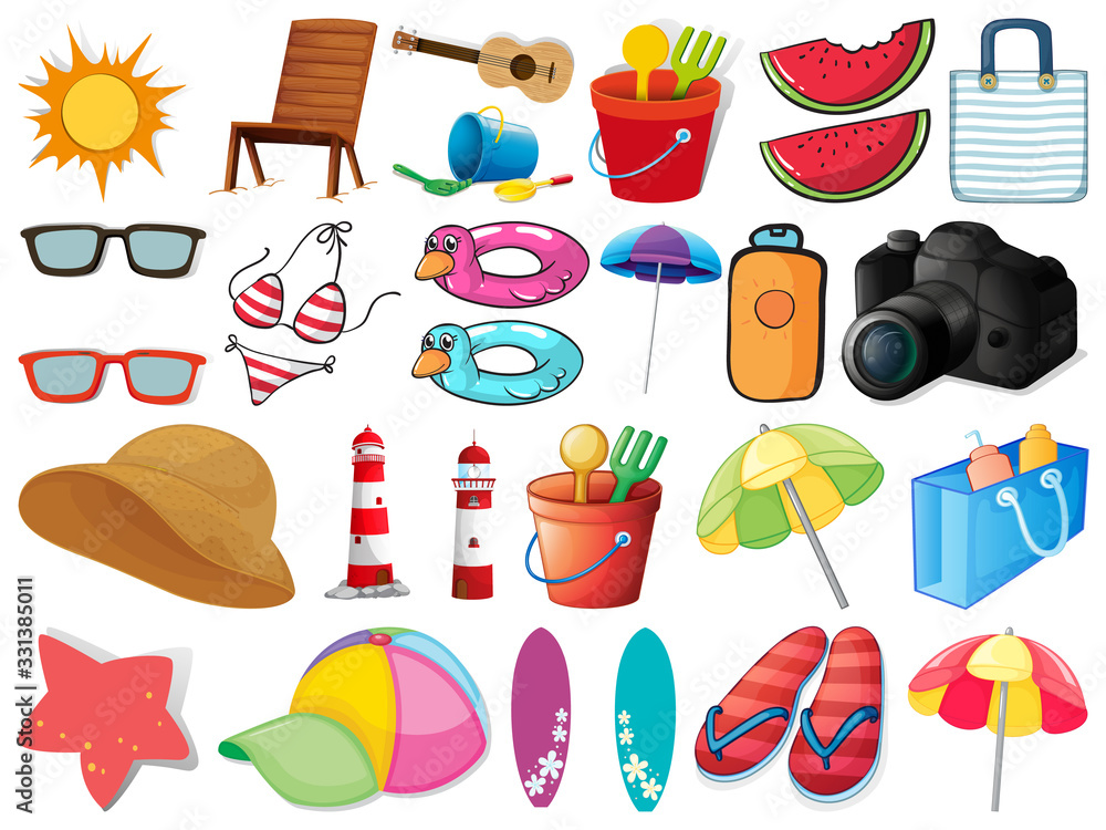Large set of different summer objects on white background