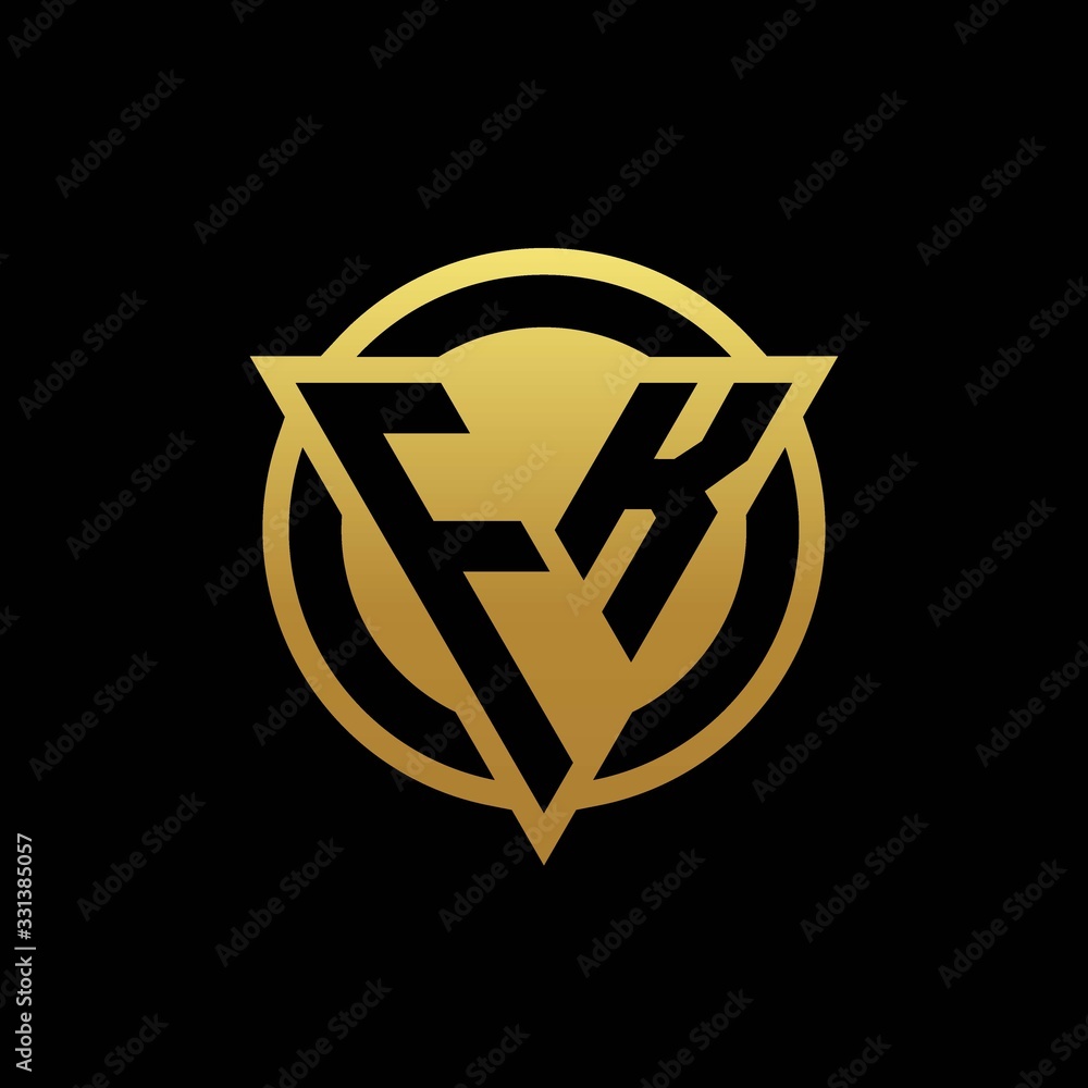 FK logo monogram with triangle shape and circle rounded isolated on gold colors FK logo monogram with triangle shape and circle rounded isolated on gold colors