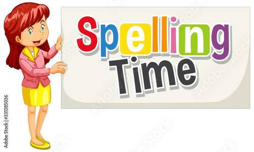 Font design for word spelling time with woman holding the sign