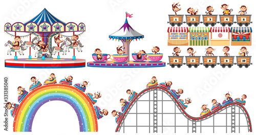 Set of happy monkeys playing different rides in the circus