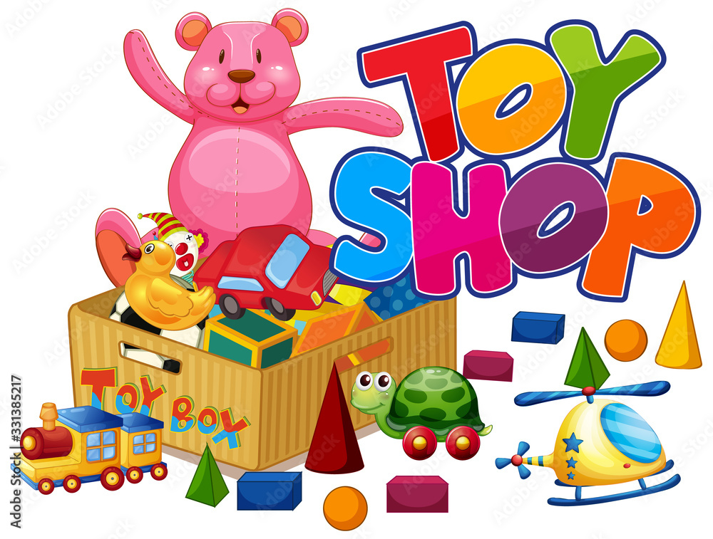 Word design for toy shop with many toys on the floor Word design for toy shop with many toys on the floor