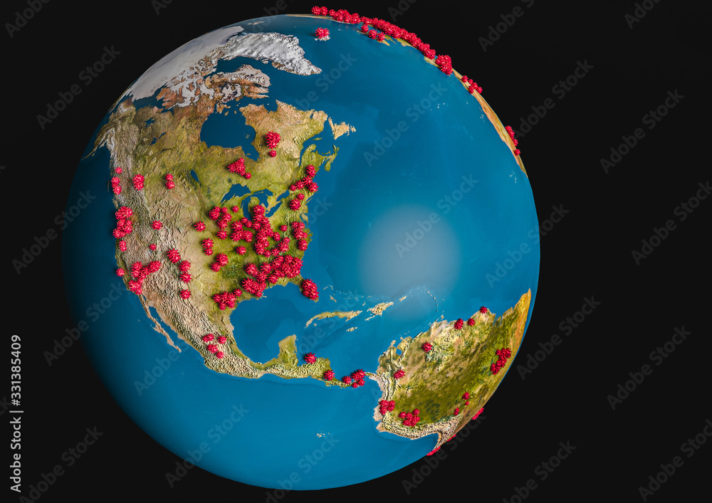 Fototapeta premium Pandemia Coronavirus (COVID-19) clung to the USA on the globe. Symbolic 3d infographics on countries affected by the epidemic Coronavirus (COVID-19) in Europe.