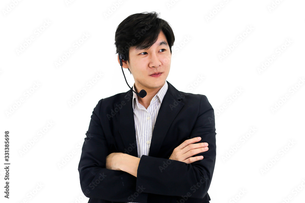 Asia call center workers or Confident business with headset,Customer support standing on white background. Asia call center workers or Confident business with headset,Customer support standing on white background.