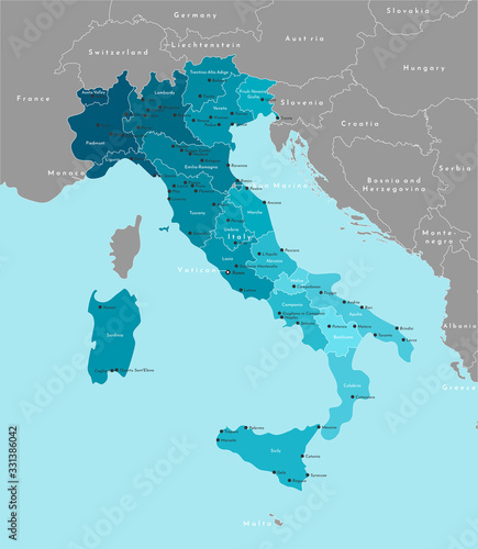 Vector modern illustration. Simplified administrative map of Italy and borders with neighboring european countries. Blue background of seas. Names of italian cities and regions