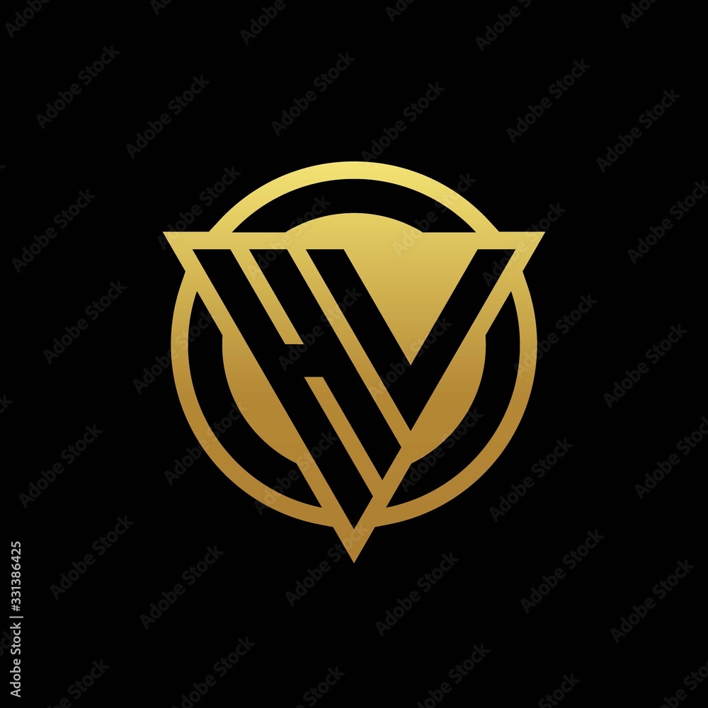 HV logo monogram with triangle shape and circle rounded isolated on gold colors HV logo monogram with triangle shape and circle rounded isolated on gold colors