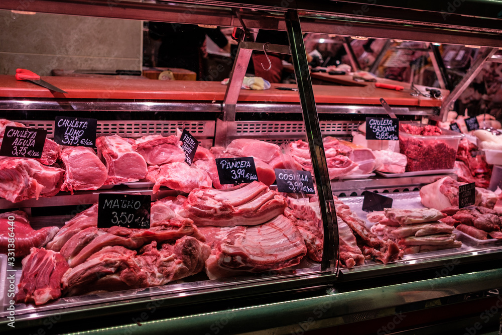 Alicante / Spain - March 2019: Fresh red meat at the market Mercado Central de Alicante