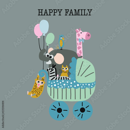 Hand drawn vector cute cartoon colorful illustration post card happy family animals with baby carriage on the gray background
