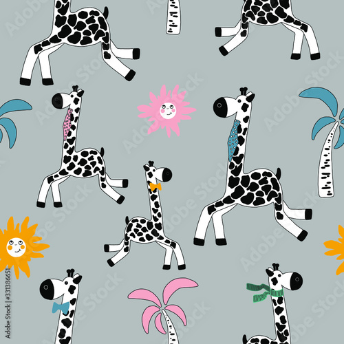 Hand drawn vector colorful pastel cute cartoon seamless pattern little happy giraffe, sun, palm tree on the gray background for baby apparel or decoration