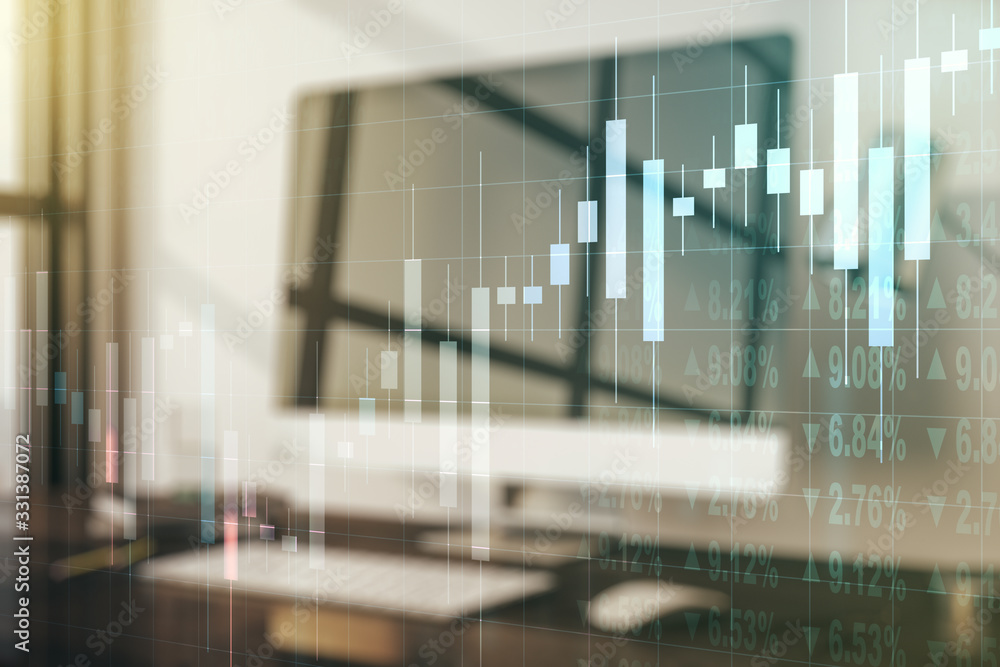 Abstract creative financial graph on modern laptop background, forex and investment concept. Multiexposure Abstract creative financial graph on modern laptop background, forex and investment concept. Multiexposure