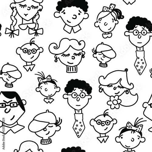 Hand drawn vector cute doodle cartoon seamless pattern family faces black line on the white background