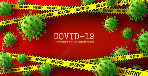 Vector of Coronavirus 2019-nCoV and Virus background with green disease cells and no entry tape on red background.COVID-19 Corona virus outbreaking and lockdown concept.Vector illustration eps 10