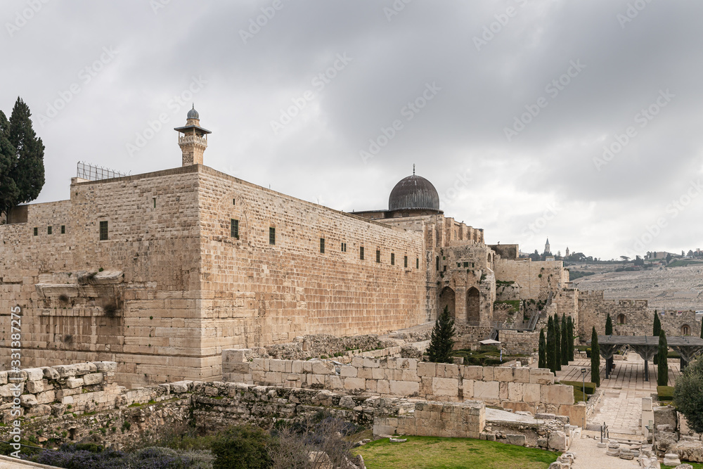View to the corner of the Temple Mount, Al Aqsa Mosque and the Minaret over the Islamic Museum in the Old Town of Jerusalem in Israel
