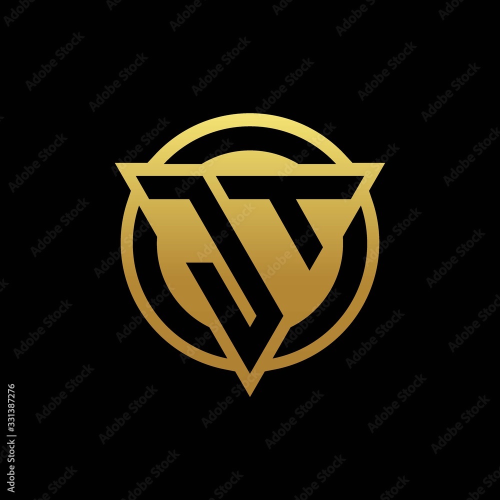 JT logo monogram with triangle shape and circle rounded isolated on gold colors JT logo monogram with triangle shape and circle rounded isolated on gold colors