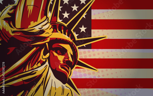 Statue of Liberty. USA flag. Vector image