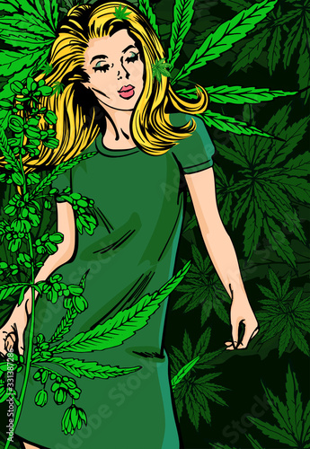 Beautiful woman dance. Marijuana leafs backdrop. Cannabis leafs background. Vector image. 
