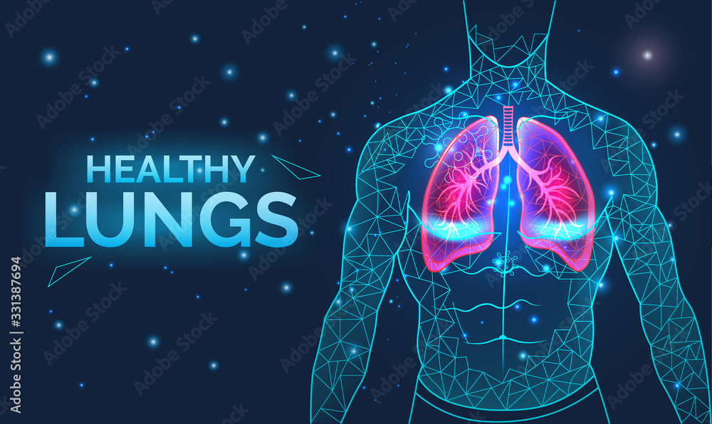 Healthy lungs, respiratory system, disease prevention, banner with human body organs, anatomy, breathing and healthcare, vector illustration. - obrazy, fototapety, plakaty 