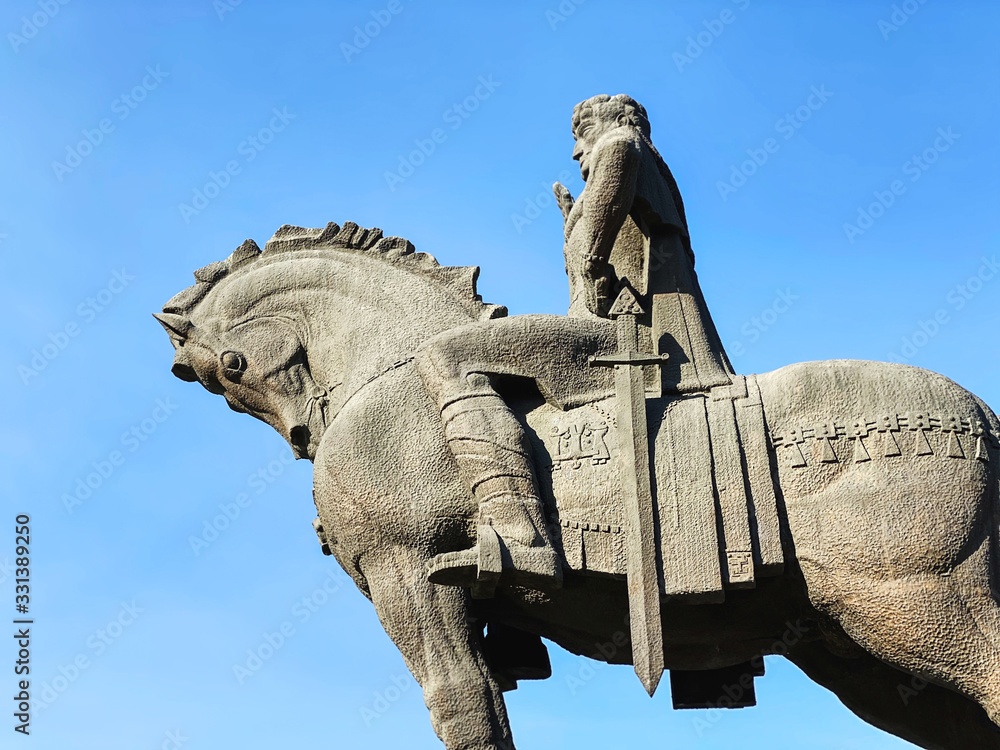 TBILISI, GEORGIA  DECEMBER 14, 2019: Metekhi church and King Vakhtang Gorgasali on the horse monument in Tbilisi, Georgia