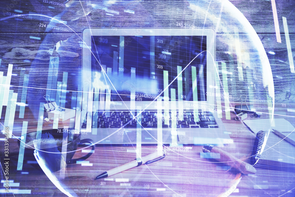 Double exposure of business theme icons and work space with computer background. Concept of success. Double exposure of business theme icons and work space with computer background. Concept of success.